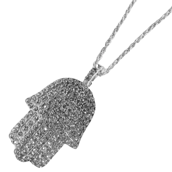 s-l1600 (6) Ice City Iced Hamsa Hand Pendant with Cubic Zirconia and Necklace for Men in Silver