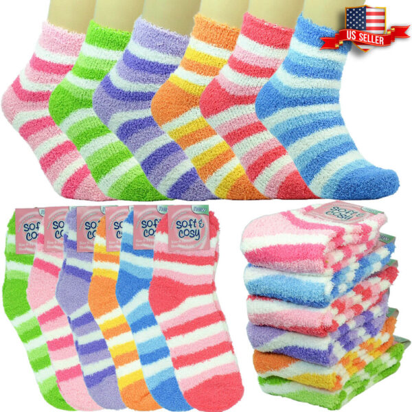 s-l1600 6 Pairs Women Soft Cozy Fuzzy Winter Warm Striped Slipper Crew Socks