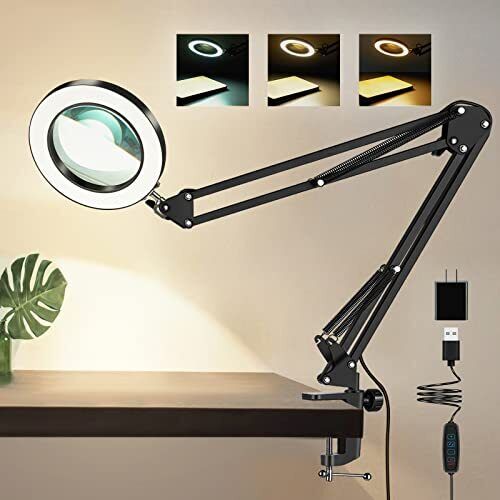 5X Magnifying Real Glass Lens Lamp 3 Color Stepless Dimmable 8 Clamp Swivel Arm