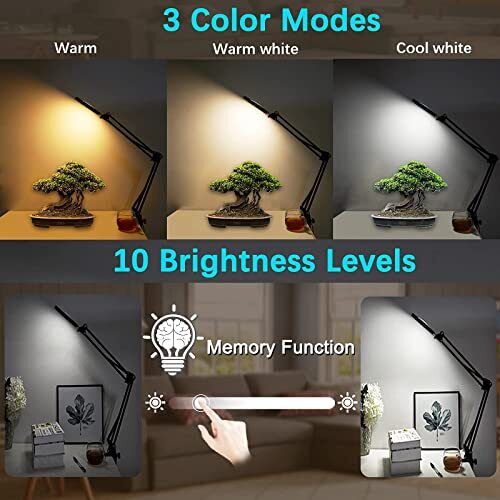 5X Magnifying Real Glass Lens Lamp 3 Color Stepless Dimmable 8 Clamp Swivel Arm 3