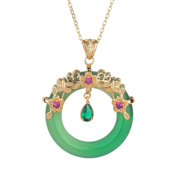 Jade Crystal Pendant Necklace Charm 18K Gold Plated Donut Ring Dainty Gemstone 1