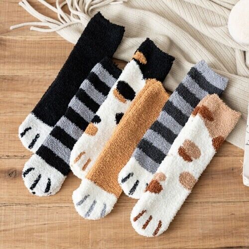 6 Pairs Warm Winter Socks Girls Kitty Cat Paws Cute Thick Warm Sleep Floor S~M