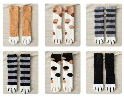 6 Pairs Warm Winter Socks Girls Kitty Cat Paws Cute Thick Warm Sleep Floor S~M 3