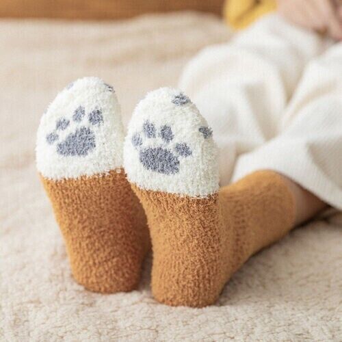 6 Pairs Warm Winter Socks Girls Kitty Cat Paws Cute Thick Warm Sleep Floor S~M 4