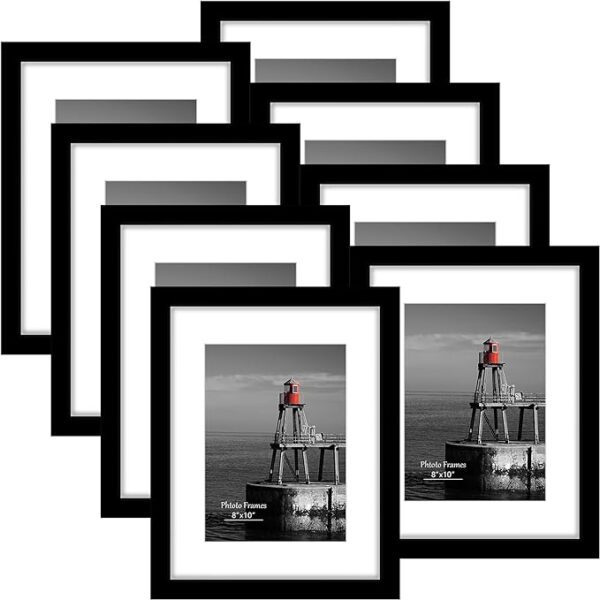 DUENPY 8x10 Picture Frame 8 Pack, Photo Frame for Wall Gallery Decor, Display Pictures 5 x 7 with Mat or 8 x 10 Without Mat, Black. 2