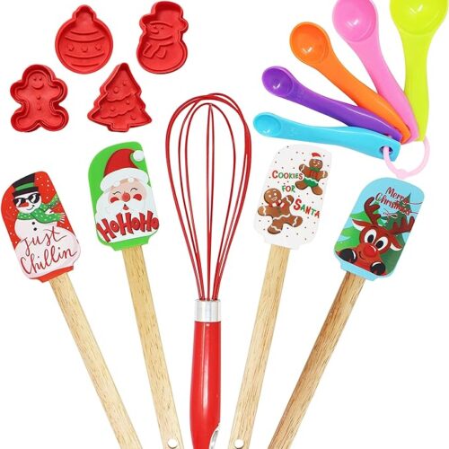 JOYIN 14 Packs Christmas Kitchenware Set, Spatula, Cookie Cutter, Egg Beater, Tea Spoons Set for Christmas Party and Baking Gift