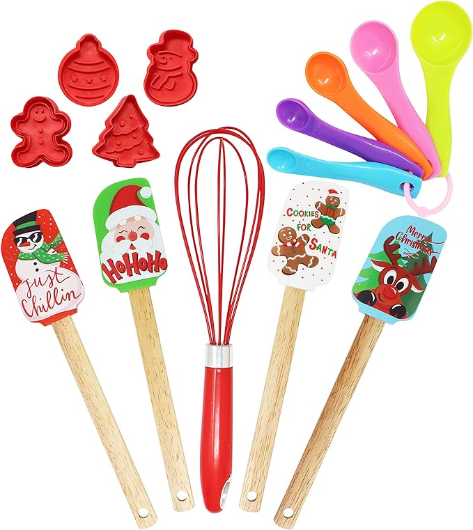 JOYIN 14 Packs Christmas Kitchenware Set, Spatula, Cookie Cutter, Egg Beater, Tea Spoons Set for Christmas Party and Baking Gift