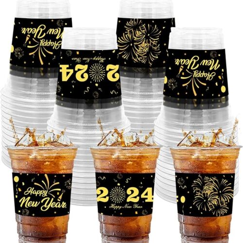 50 Count New Year Party Cups, 12 oz 2024 Happy New Year Disposable Clear Plastic Party Cups for New Year Eve Party Decoration Supplies Drinkware Beer Beverage Ice Cream Snacks