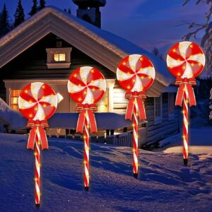 Outdoor Christmas Decorations Yard - 4Pack Lollipop Peppermint Pathway Lights,Warm White LED Lights in Christmas Stakes,Xmas Walkway Lights for Garden Lawn Paito Decor (Red White - Plug Type)