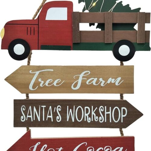 Christmas Decorations Indoor LED Lighted Christmas Tree Red Truck Wall Sign Wood Farmhouse Holiday Door Hanging Signs Vintage Winter Rustic Christmas Ornament