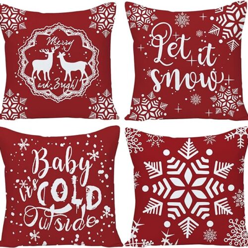 18x18 Christmas Pillow Covers, Christmas Pillow Covers 18x18 Set Of 4, Farmhouse Let It Snow Christmas Pillow Covers 18x18 Decorative Linen Cushion Cases For Living Room Sofa Couch Bed Home Decor