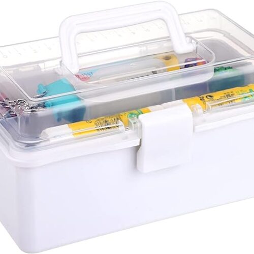 BTSKY Small Plastic Storage Box with Lid 7.9"x3.7"x4.1" Art Supply Storage Organizer with Handled Removable Tray Multi-use Small Storage Container Portable Sewing Box for Art & Sewing Supplies, White