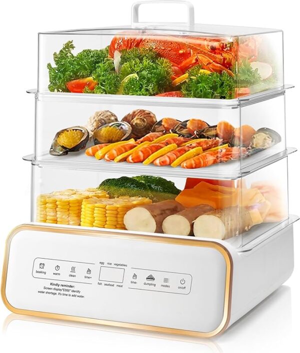 SUSTEAS Food Steamer for Cooking - 17QT Vegetable Steamer with 24H Booking & 60Min Timer, Electric Steamer with Digital Display and 3 Tier Stackable Trays, Auto Shut-Off & Boil Dry Protection 1