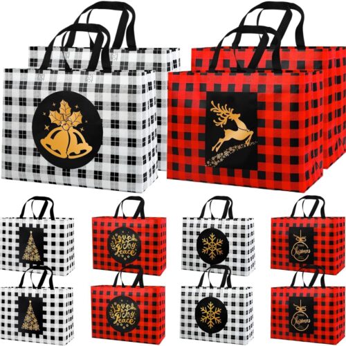 12PCS Extra Large Christmas Gift Tote Bags 6 Styles Xmas Reusable Treat Bags