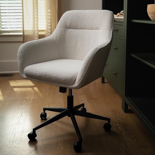 1 Martha Stewart Rayna Swivel Task Chair with Flared Arms for Home Office in White Boucle with Oil Rubbed Bronze Frame