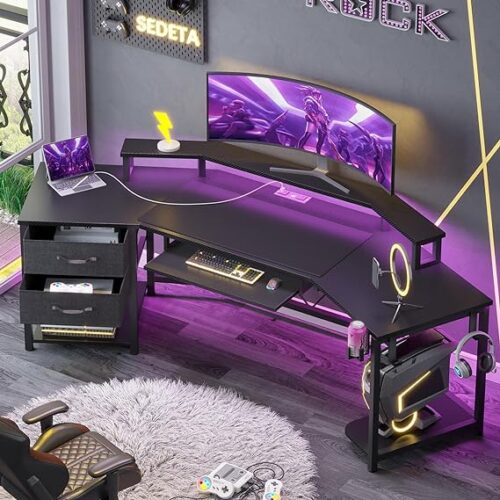 1 SEDETA 79" Gaming Desk, Computer Desk with 2 Fabric Drawers & LED Light, L Shaped Gaming Desk with Storage Shelf for Home Office, Carbon Fiber Black