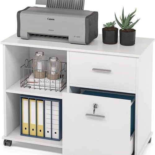 Tribesigns 2 Drawers File Cabinet with Lock, Mobile Lateral Filing Cabinet for Letter Size, Printer Stand with Rolling Wheel and Open Storage Shelves for Home Office, White