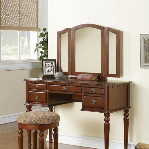 Bobkona F4071 St. Croix Collection Vanity Set with Stool, Cherry