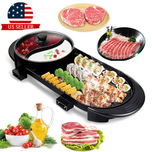 1 Portable Electric 2 in 1 Hot Pot Barbecue Grill Non-Stick Teppanyaki Pan Soup US