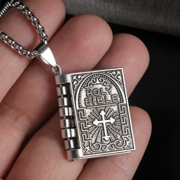 Vintage Silver Cross Bible Book Pendant Necklace Unique Jewelry For Men Women 1