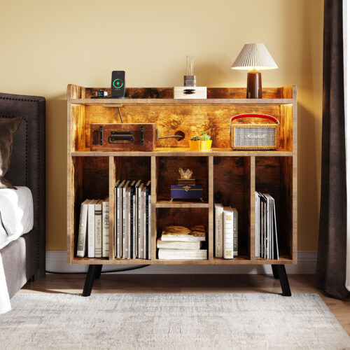 Record Player Stand Display Table Turntable Stand with Power Outlets & LED Light