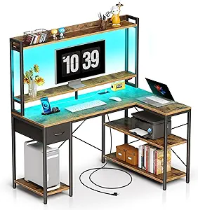 Seventable L Shaped Gaming Desk with LED Lights & Power Outlets, Reversible Computer Desk with Shelves & Drawer, Corner Desk with Hutch Home Office Desk, Rustic Brown