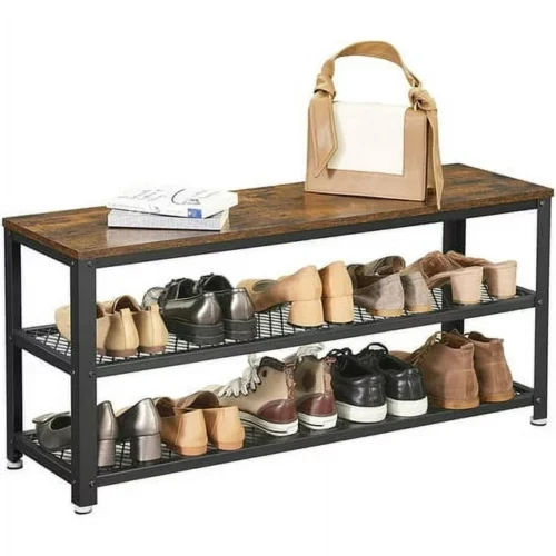VASAGLE 3-Tier Shoe Rack Bench 39.4” Long 12 Pair of Shoes Shelves Storage Bench with Metal Mesh Shelves and Seat for Entryway Rustic Brown and Black