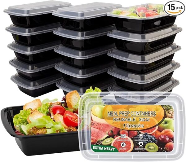 Ezalia 15 Pack- Meal Prep Containers 32oz, Plastic Food Prep Containers with Lids, Leakproof To Go Containers with Lids Reusable Food Containers, BPA-Free, Microwave/Dishwasher/Freezer Safe 1