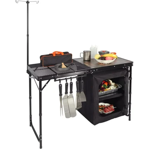 REDCAMP Portable Camping Kitchen Table with Storage Organizer and Hooks, Folding Camping Cook Station for BBQ, Party and Picnic
