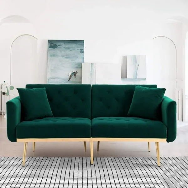 Atumon Couches and Sofas, 64"L Futon Sofa Bed, Modern Convertible Sofa Bed, Velvet Sofa Couch with 2 Pillows and Rose Golden Metal Legs, Futon Couch Furniture for Living Room Bedroom, Green 4
