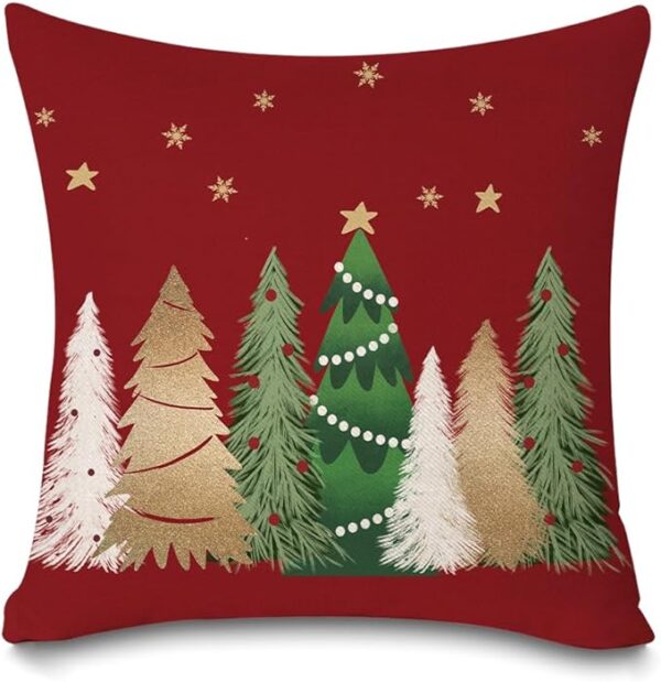 Christmas Trees Lumbar Throw Pillow Covers, 18x18 Inch Colorful Xmas Trees Snowflake Stars Red Pillows Decorative Winter Holiday Farmhouse Decorations Throw Pillows Cushion Case for Sofa Couch 1