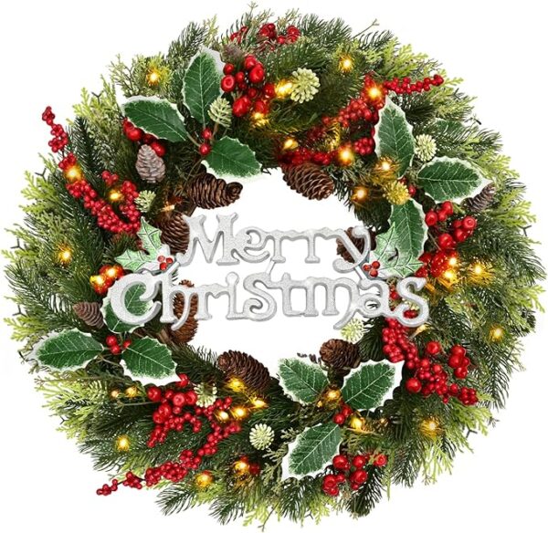 Waipfaru Christmas Decorations, 24 Inch Lighted Christmas Wreaths for Front Door, Pre-Lit Christmas Door Wreath with Lights for Outdoor Window Wall Xmas Winter Decor 1