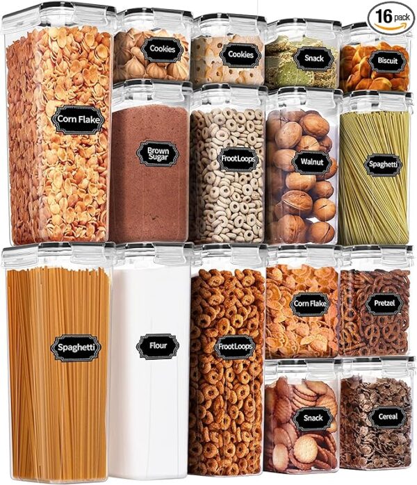 PRAKI Airtight Food Storage Container Set, 16 Pcs BPA Free Plastic Dry Food Canisters for Kitchen Pantry Organization and Storage Ideal for Cereal, Flour & Sugar - Labels, Marker(Black) 1
