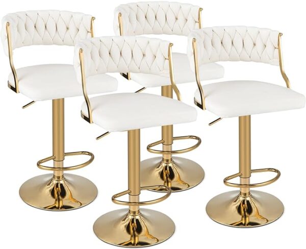 COSTWAY Velvet Adjustable Bar Stools Set of 2, Max Load 400 Lbs, Modern Upholstered Swivel Barstools with Woven Back, Footrests, Adjustable Height Bar Chairs for Kitchen Island Cafe Pub, Beige+Gold 1