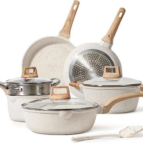 CAROTE Pots and Pans Set Nonstick, White Granite 10 Pcs Induction Kitchen Cookware Sets, Non Stick Cooking Set w/Frying Pans & Saucepans(PFOS, PFOA Free)