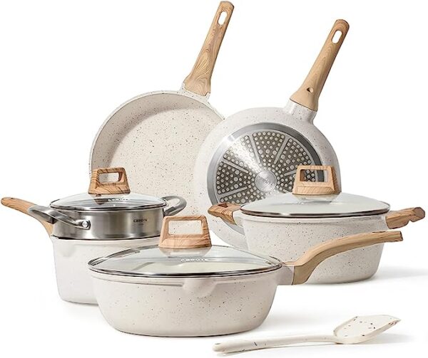 CAROTE Pots and Pans Set Nonstick, White Granite 10 Pcs Induction Kitchen Cookware Sets, Non Stick Cooking Set w/Frying Pans & Saucepans(PFOS, PFOA Free) 1