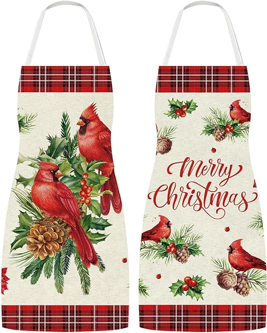 AnyDesign Christmas Cardinal Aprons Red Bird Adjustable Kitchen Cooking Aprons Washable Xmas Kitchen Aprons for Restaurant Party Baking Supplies, 2 Pack, 21.7 x 26.8 Inch 1