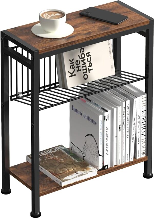 Side Table, Narrow End Table with Magazine Holder, Slim Side Table for Small Spaces, Skinny Nightstand for Living Room Bedroom, Thin Side Magazine Table, Easy Assembly 1