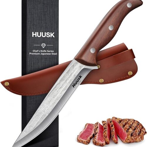 Huusk Knives from Japan, 6 Inch Fillet Boning Knife for Meat Cutting, Premium High Carbon Steel Hand Forged Deboning Knife, Brisket Meat Trimming Knife Full Tang Redwood Handle