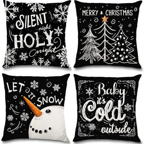 Vellibring Christmas Pillow Covers 18x18 inch Black Throw Pillow Covers Merry Christmas Snowflake Snowman Christmas Tree Decorations Throw Cushion Case for Indoor Home Bedroom Couch Decor