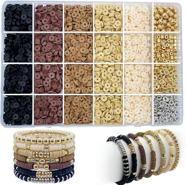 LLchunyun 2820Pcs Clay Beads for Bracelet Making 6mm Neutral Heishi Fall Friendship Bracelets Clay Beads Kit Gold Silver Spacer Polymer Clay Beads for Jewelry Making Adults(Brown 1