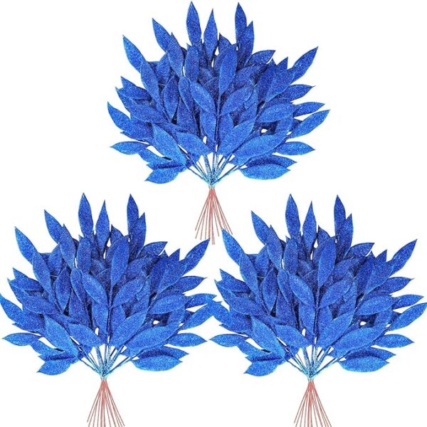Winlyn 40 Pcs Blue Glitter Bay Leaf Sprays Artificial Christmas Tree Picks Sprays 12.7" Tall for Blue Christmas Tree Wreath Swag Vase Floral Arrangement Winter Wedding Bouquet Centerpiece Decoration 1