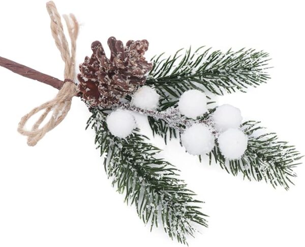 10Pcs Artificial Christmas Floral Picks Snowy White Berry Stems Flocked Pine Branches Holly Berries Spray with Pinecones for Flower Arrangement Xmas Tree Wreath Winter Holiday Season Décor (White, 10) 1