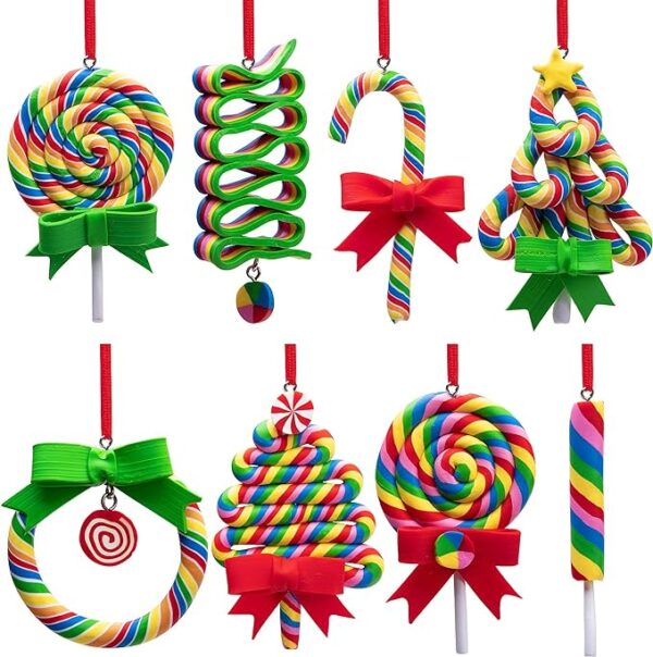 codree 8 PCS Christmas Lollipop Ornaments-Rainbow Lollipop Hanging Ornaments-Christmas Candies Polymer Clay Ornament for Xmas Tree Party Decoration 1