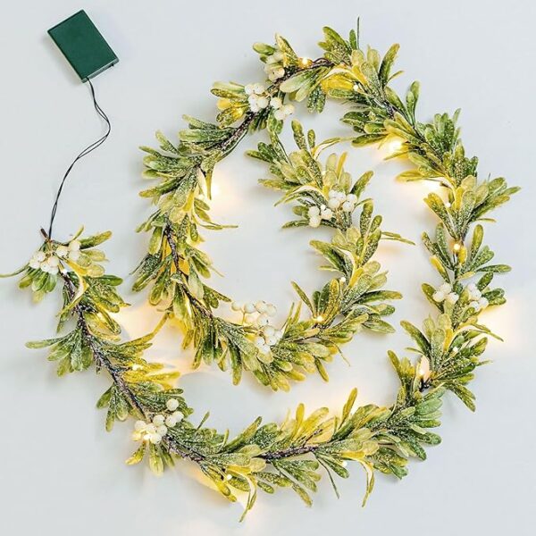 Ethlomoer 6.6FT Pre-lit Christmas Garland with 20 LED Lights, Battery Operated, Flocked Olive Lighted Garland with Snowflakes for Mantle Stairs Wall, Indoor&Outdoor, Greenery Garland for Christmas Dec 1