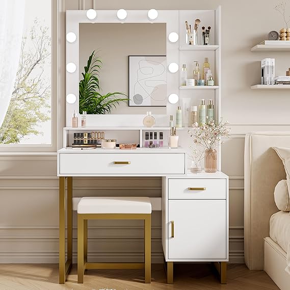 Xilingol Vanity Desk with Mirror & Lights, 37" Vanity Set with Mirror and Stool, Modern Makeup Table W/ 2 Drawers & Cabinet, Vanity for Makeup Room, Bedroom, White 1