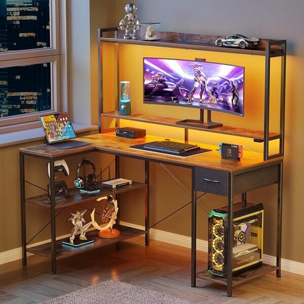 Seventable L Shaped Gaming Desk with LED Lights & Power Outlets, Reversible Computer Desk with Shelves & Drawer, Corner Desk with Hutch Home Office Desk, Rustic Brown 3
