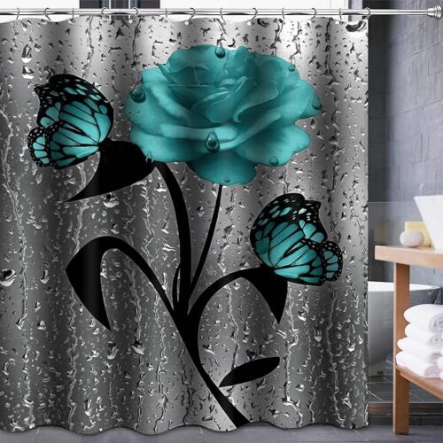 Lnond Teal Gray Rose Shower Curtain Sets with Rugs and Toilet Lid Cover and Bath Mat for Bathroom, Blue Rose Waterproof Shower Curtain Sets with 12 Hooks, Waterproof Durable Bathroom Decor Set