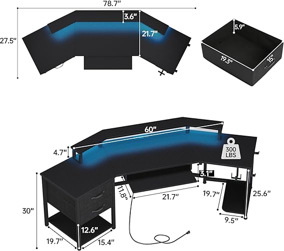 SEDETA 79" Gaming Desk, Computer Desk with 2 Fabric Drawers & LED Light, L Shaped Gaming Desk with Storage Shelf for Home Office, Carbon Fiber Black 3
