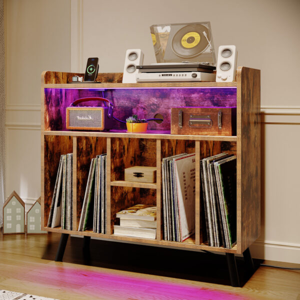 Record Player Stand Display Table Turntable Stand with Power Outlets & LED Light 3